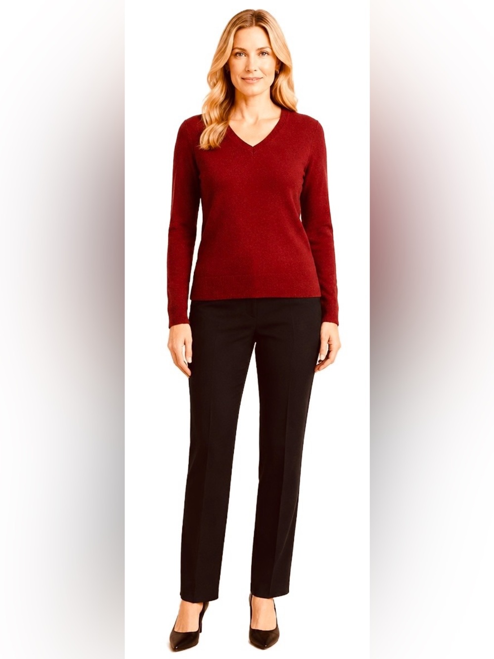 Tahari 2-Ply Cashmere Kitten Soft V-Neck Maroon Red Sweater, Medium